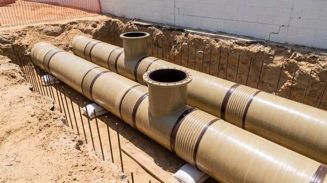 Fiberglass pipes with T-junction fitting being installed in underground construction trench