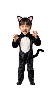 Cute Asian girl making a scary face in a Halloween black cat costume
