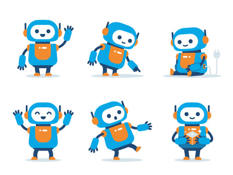 Cute cartoon robot character set with different poses and actions