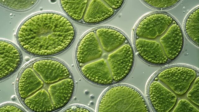 Green microalgae cells viewed through a microscope, intricate shapes and cellular structures visible on a glass slide, renewable biofuel research concept