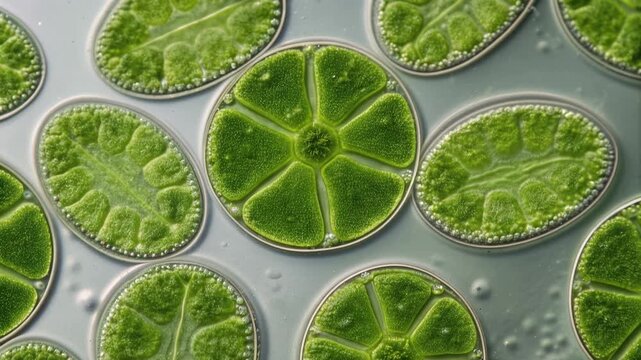 Green microalgae cells viewed through a microscope, intricate shapes and cellular structures visible on a glass slide, renewable biofuel research concept