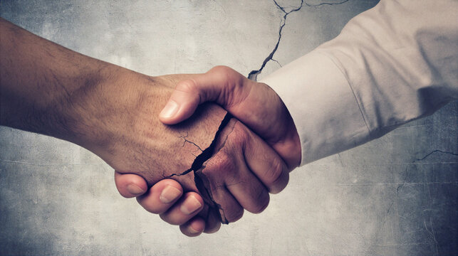Handshake with cracked skin effect symbolizing broken trust or fragile agreement