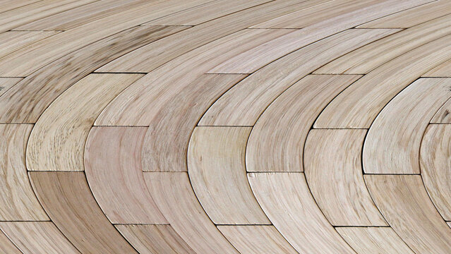 Abstract light brown parquet flooring background with curved wooden planks pattern