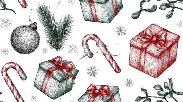 Vintage Christmas seamless pattern with gift boxes, candy canes and pine branches on a white background