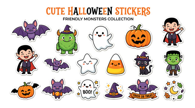Cute Halloween Stickers Vector Collection featuring Friendly Monsters, Vampire, Ghost, Pumpkin, Bat, Cat, and Witch Hat Icons