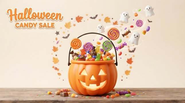 Halloween candy sale banner with a pumpkin bucket full of sweets and floating ghosts on a light background