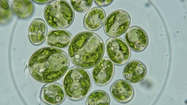 Green microalgae cells viewed through a microscope, intricate shapes and cellular structures visible on a glass slide, renewable biofuel research concept