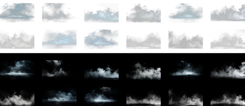 Dramatic ground fog and heavy low clouds featuring cold blue mist effects on transparent and dark backgrounds for cinematic horror and atmospheric scene design.