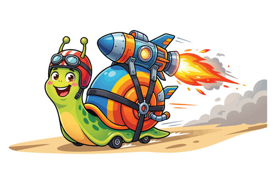 Speedy snail character with a rocket backpack and helmet, zooming on wheels, leaving a trail of smoke, for a funny and energetic transportation concept.