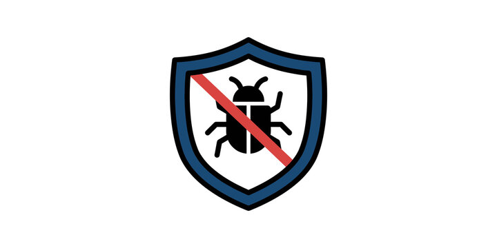 Antivirus shield protection icon with crossed out bug flat vector.