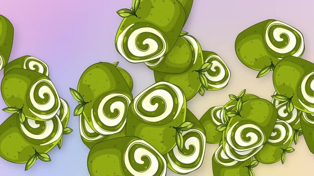 Animated Green Swiss Roll Dessert Objects Bursting Over Mesh Background