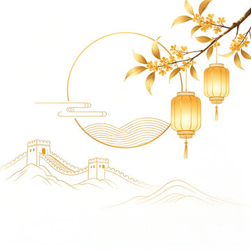 Golden line art lantern and floral branch with Great Wall mountains