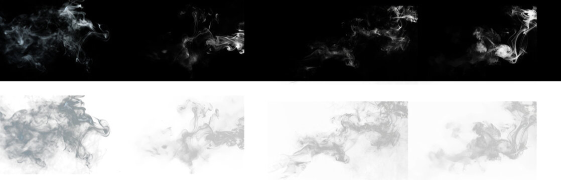 White wispy smoke design elements isolated on black background and transparency grid featuring delicate curls of vapor perfect for adding realistic mist effects.