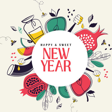 Generative AI illustration of Jewish New Year Rosh Hashanah greeting card background with apples honey and pomegranates