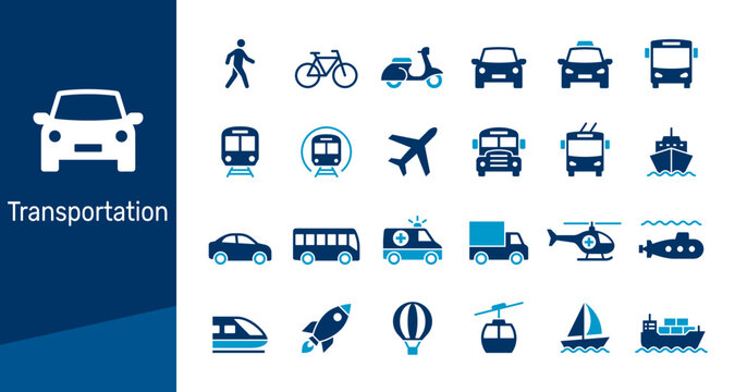 Transportation solid icon collection for travel, public transport, and mobility concept