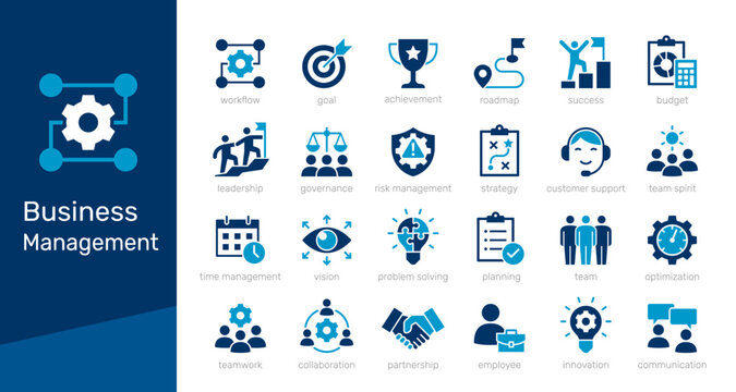 Business management solid icon collection for corporate leadership, strategic planning, and workflow organization concept