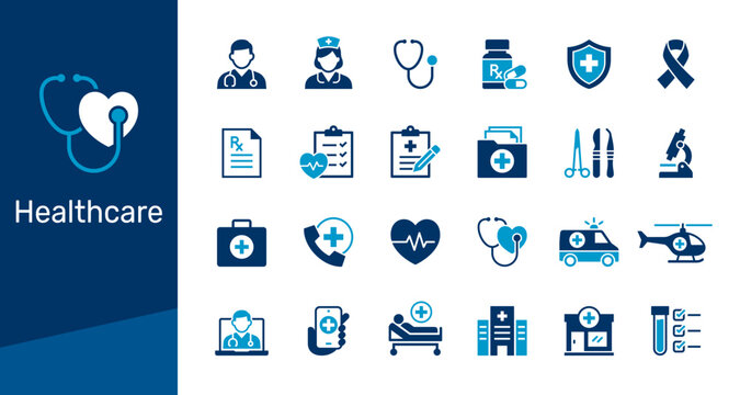 Healthcare and medicine solid icon collection for hospital, medical care, and emergency concept
