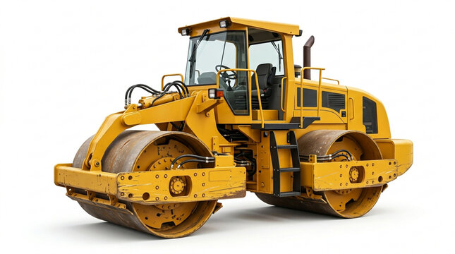Large yellow construction road roller and heavy compaction machinery isolated on a pure white background for industrial engineering and building projects