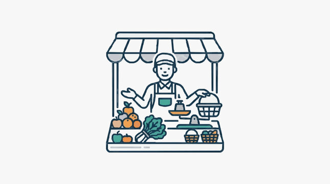 Friendly grocer selling fresh produce at market stall.