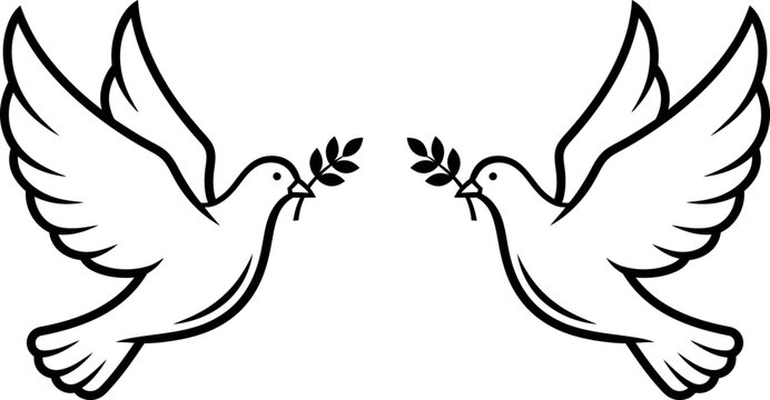 A pair of graceful white doves flying towards each other while carrying olive branches as a symbol of world peace