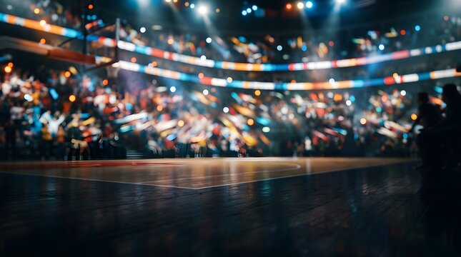 Blurred view of a professional basketball arena with bright stadium lights and empty court.