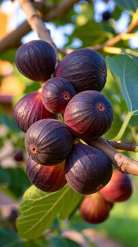 Ripe purple figs growing in clusters on a lush fig tree, illuminated by warm sunlight with green foliage and soft natural bokeh in the background.
