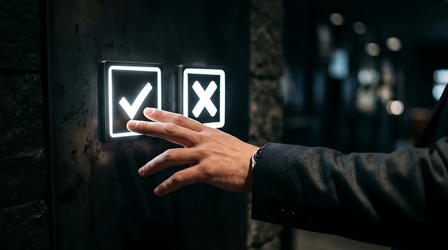 A businessman touching a glowing square button with a white check mark symbol next to a button with an x symbol on a dark textured wall