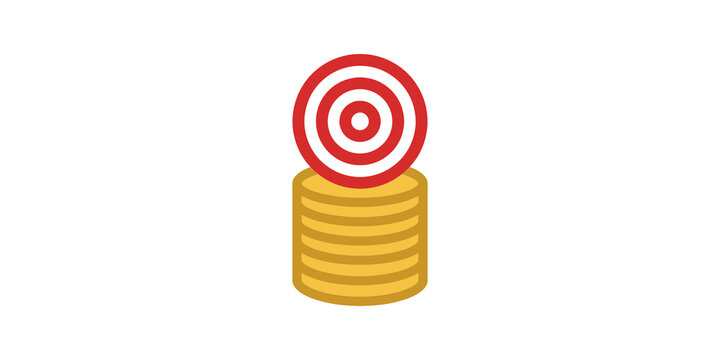 Gold coin stack icon with red target symbol for financial goals focus.