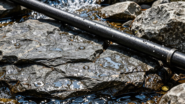 Black Industrial Pipe Laying Across Wet Grey Rocks in a Natural Stream