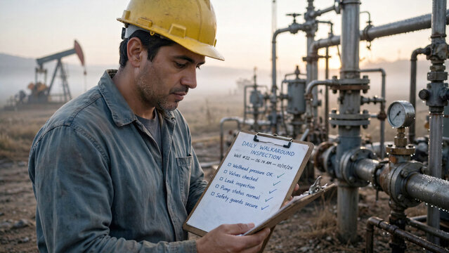 Pump operator conducting morning walkaround inspection at oil wellhead holding checklist clipboard outdoors