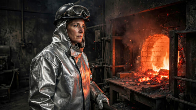 Female foundry worker in heat resistant aluminized suit standing near glowing orange furnace with dramatic shadows