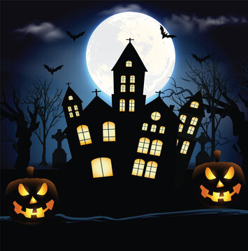 Happy halloween traditional night white moonlight, spooky, charge, flying bats, dead trees, pumpkin, cinematic haunted background