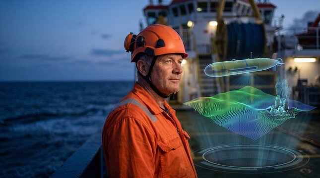Marine technician in orange jumpsuit on ship deck watching a 3D hologram of an autonomous underwater vehicle mapping the seabed at twilight