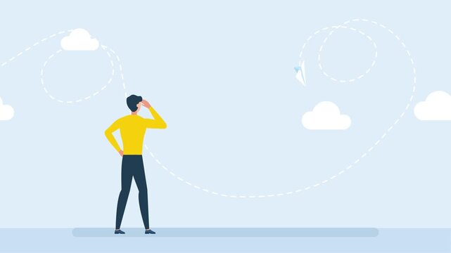 Minimalist illustration of man in yellow shirt looking ahead with hand raised, blue sky background with clouds and dashed travel paths, concept of vision, journey, exploration, future planning.