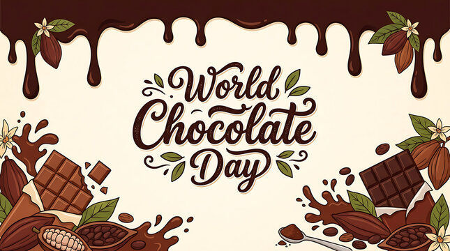 World Chocolate Day lettering banner background with liquid chocolate drips and cocoa beans illustration