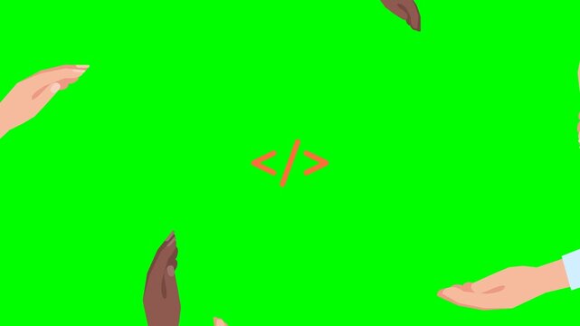 People's hands hold programming icon. Online programing or coding or mobile app or website development course banner design concept. PC language learning. 2d flat animation. Alpha channel