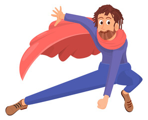 Man in superhero pose and red cape. Superpower character © LadadikArt