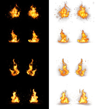Realistic fire flame collection featuring orange sparks and flickering heat elements on transparent and black backgrounds for visual effects and cinematic design.