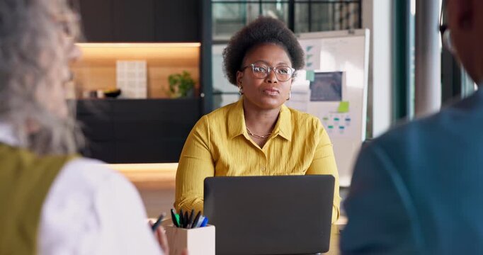 Woman, question and business consultation in meeting for financial analysis, feedback or help. Laptop, b2b clients and office discussion with hand up, investment query or answer with data specialist