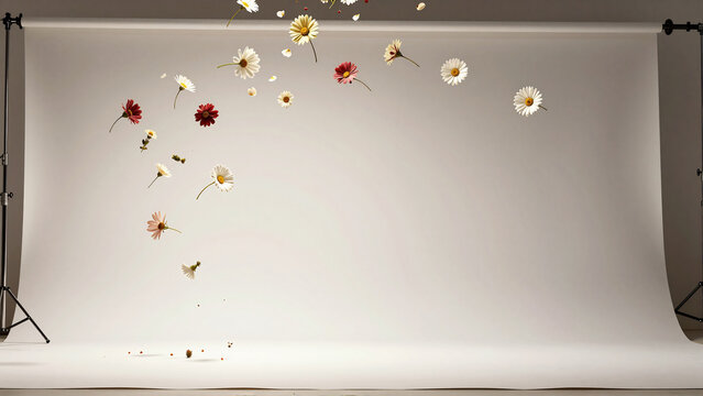 Falling spring flowers floating in professional photography studio with white cyclorama backdrop