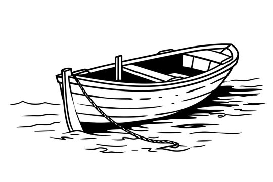 Small rowboat floating on calm water with oars