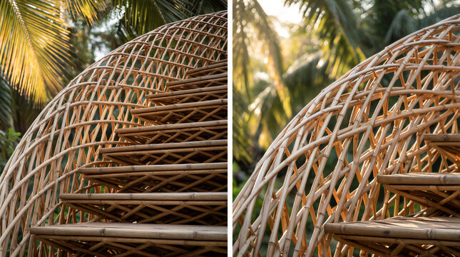 Innovative bamboo staircase featuring double-curved lattice structure and wooden treads surrounded by tropical palm leaves