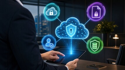 Obraz premium Businessman using tablet with digital cloud security interface in office