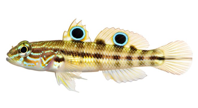 Yellow Clown Goby fish with distinct eye spots swimming in clear turquoise water with soft light