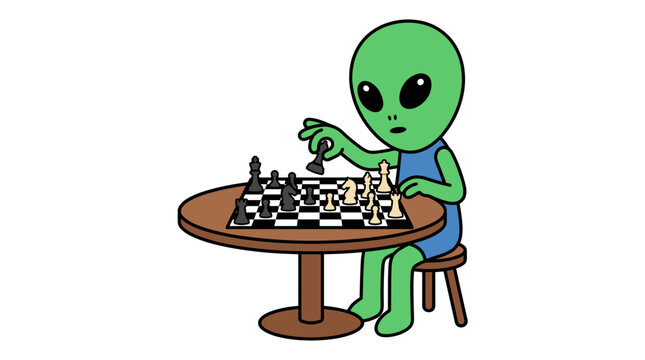 Green alien playing chess alone at wooden table.