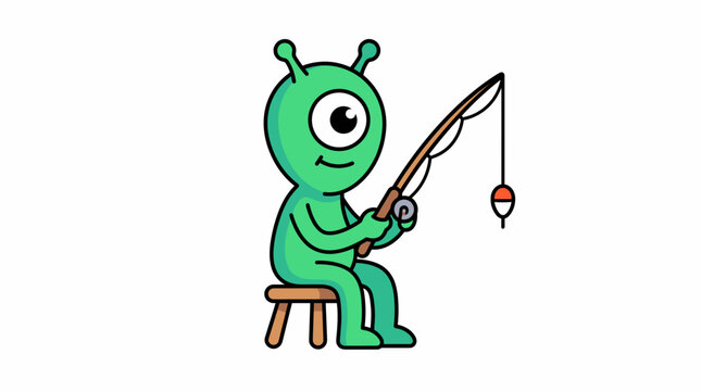 Green alien sitting on stool fishing with rod.