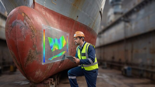 Marine surveyor in dry dock inspecting ship bulbous bow with holographic hydrodynamic data overlay
