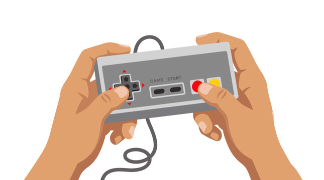 Hands holding retro video game controller illustration.