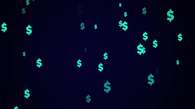 Flying through US dollar signs in particle space with stars. Moving from center, night sky. Yellow and white color, black background.