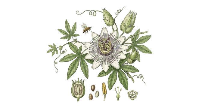 Vintage botanical illustration of a passion flower with a bee and seeds. Retro flora arrangement with leaves and fruit. Classic herbal ensemble for greeting card design.